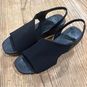Eileen Fisher Black Open-Toe Slingback Wedge Sandals